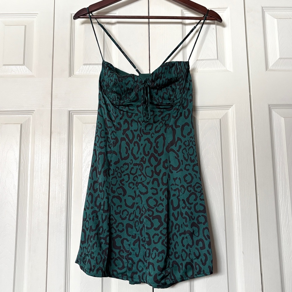 NWT For Love & Lemons Green Cheetah Print Wendy Mini Dress Size Medium Y2K Vibes